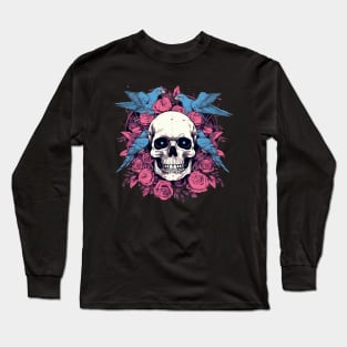 Skull with Birds and Floral Design Long Sleeve T-Shirt